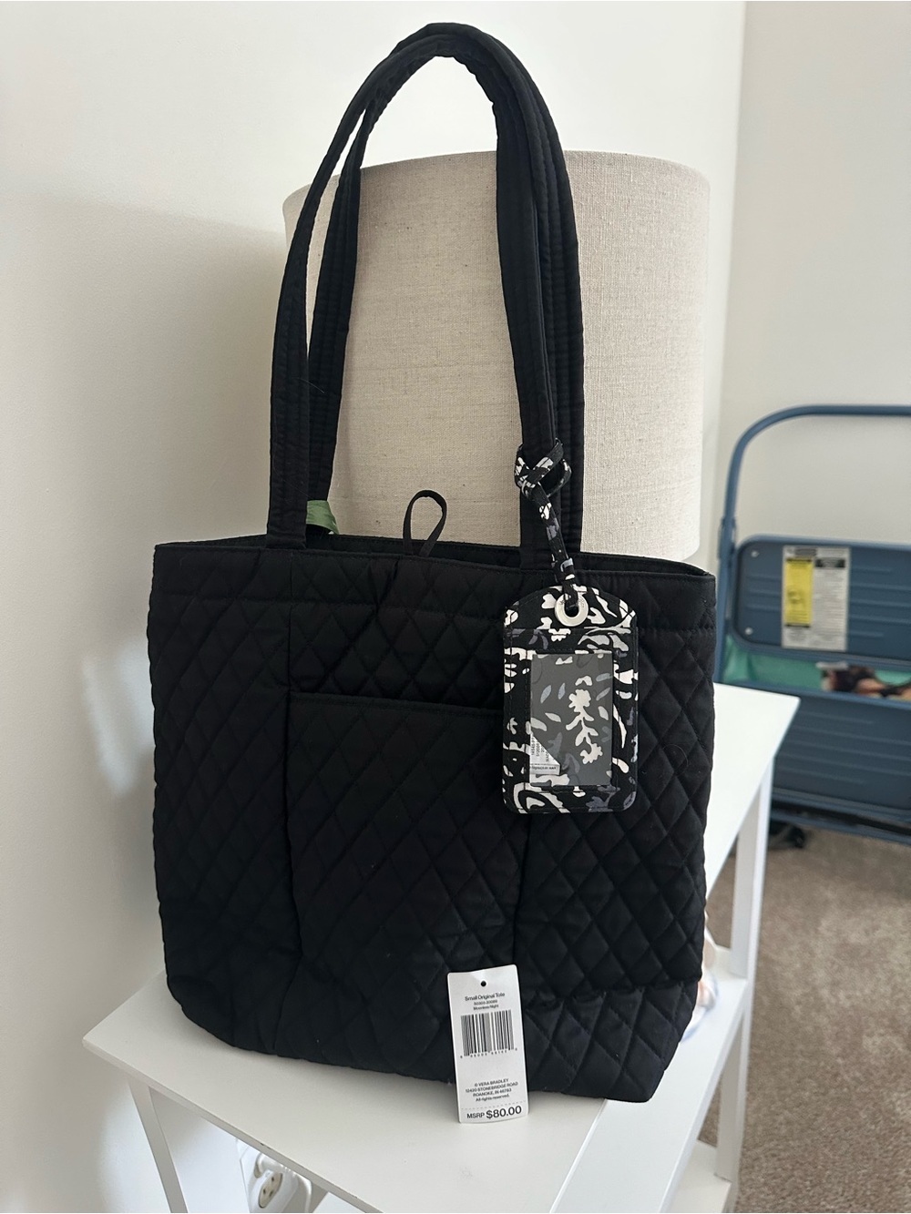 Black Quilted Tote Bag with Luggage Tag - Unbranded